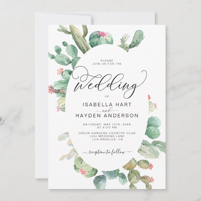 Cactus Boho Desert  Succulents Gold Wedding Invitation (Front)