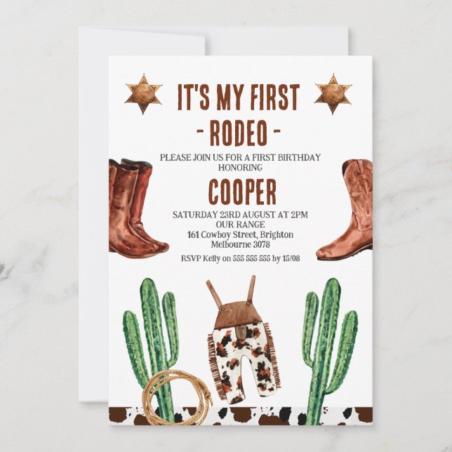 Cactus Boots My First Rodeo 1st Birthday Invitation (Front)