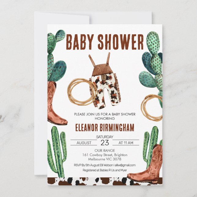 Cactus Boots Rodeo Cowboy Baby Shower Invitation (Front)