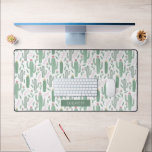 Cactus botanical pattern personalised desk mat<br><div class="desc">Cactus botanical print with a variety of flowering cacti,  with cute falling flowers and compound leaves. Set on white. Personalise with your name or message in white text on green.</div>