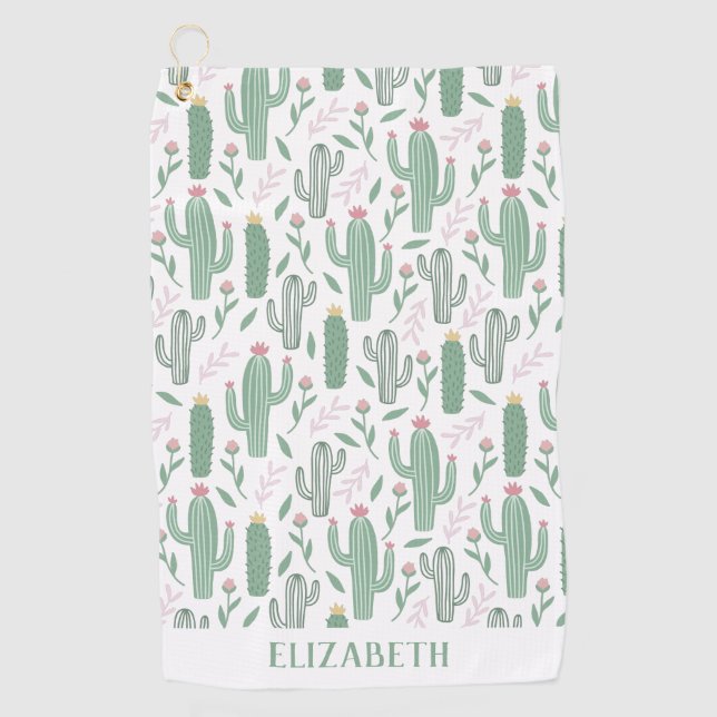 Cactus botanical pattern personalised golf towel (Front)