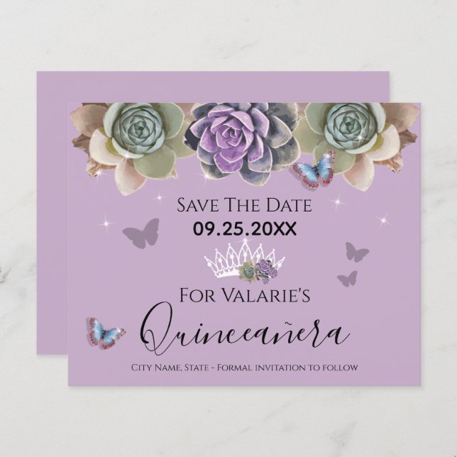 Cactus Butterfly Elegant Quinceanera Save the Date (Front/Back)