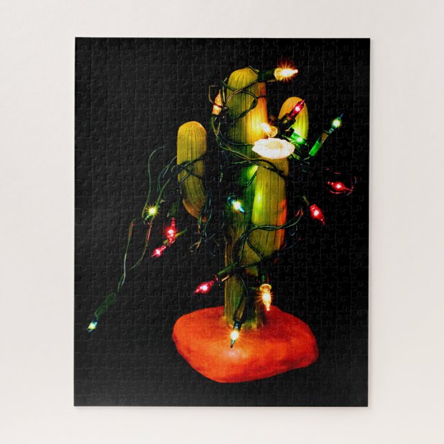 Cactus Candle In Christmas Lights Photograph Jigsaw Puzzle (Vertical)