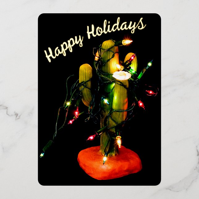 Cactus Candle Wrapped in Christmas Lights Foil Holiday Card (Front)
