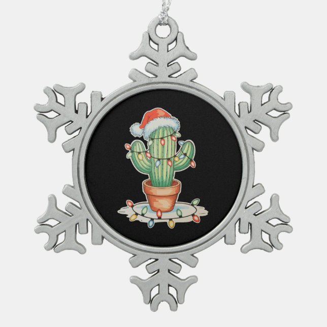 Cactus Christmas Lights Xmas Funny Holiday Family Snowflake Pewter Christmas Ornament (Front)