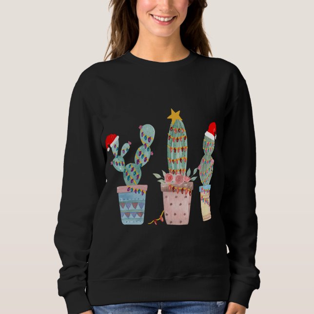 Cactus Christmas Tree Lights Cactus Lovers Hand dr Sweatshirt (Front)