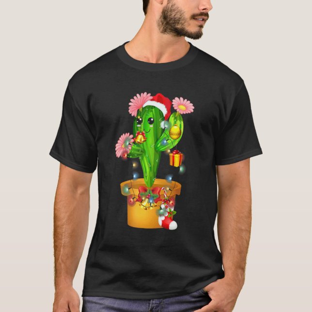 Cactus Christmas Tree Lights Santa Hat Succulent P T-Shirt (Front)