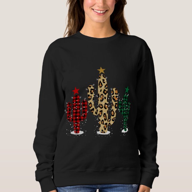 Cactus Christmas Tree with Buffalo Plaid Leopard D Sweatshirt (Front)