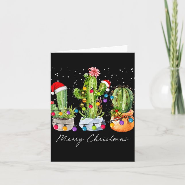 Cactus Christmas Xmas Trees Lights Santa Hat Cactu Card (Front)