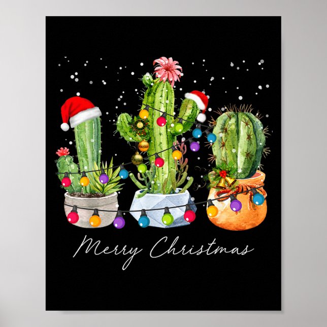 Cactus Christmas Xmas Trees Lights Santa Hat Cactu Poster (Front)