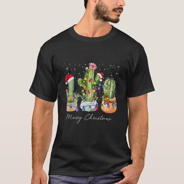 Cactus Christmas Xmas Trees Lights Santa Hat Cactu T-Shirt (Front)