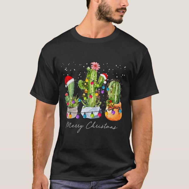 Cactus Christmas Xmas Trees Lights Santa Hat Cactu T-Shirt (Front)