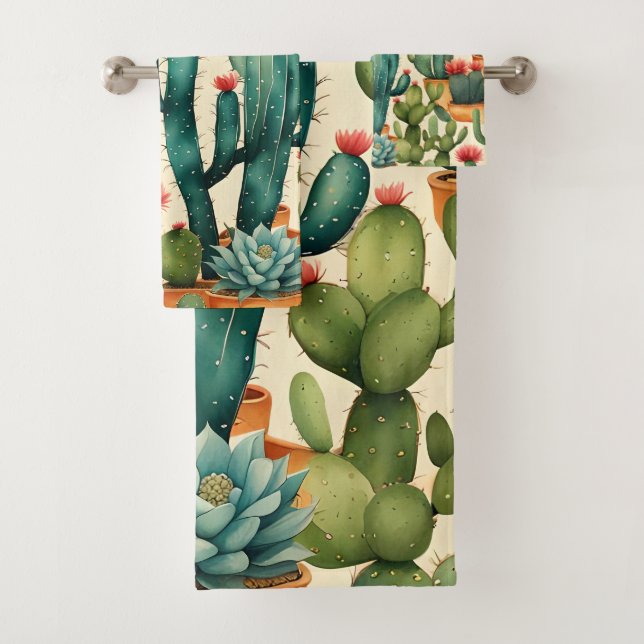 Cactus Colourful Watercolor art  Bath Towel Set (Insitu)