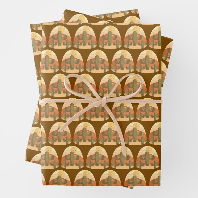 Cactus Desert With Sun Wrapping Paper Sheet (In situ)