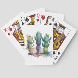 Cactus design with colourful splatters playing cards