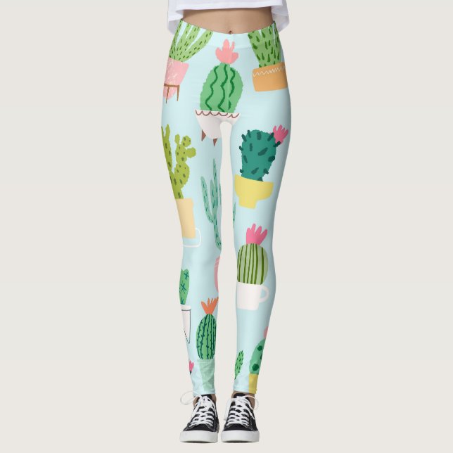 Cactus diversity, vintage seamless background. leggings (Front)