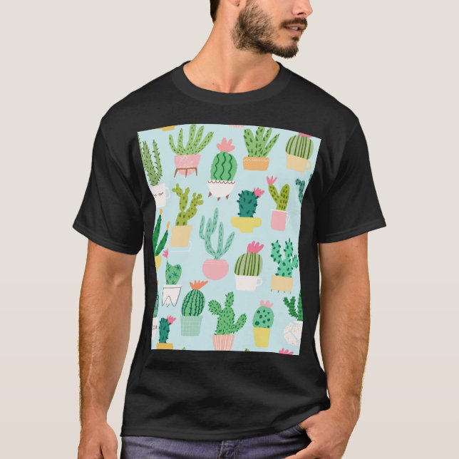 Cactus diversity, vintage seamless background. T-Shirt (Front)