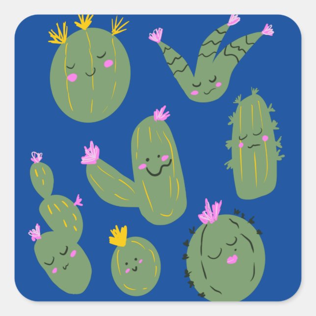 Cactus Doodle Cartoon Funny Blue Square Sticker (Front)