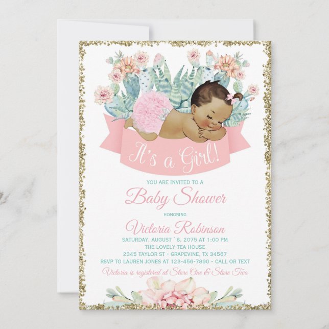 Cactus Ethnic Girl Fiesta Baby Shower Invitation (Front)