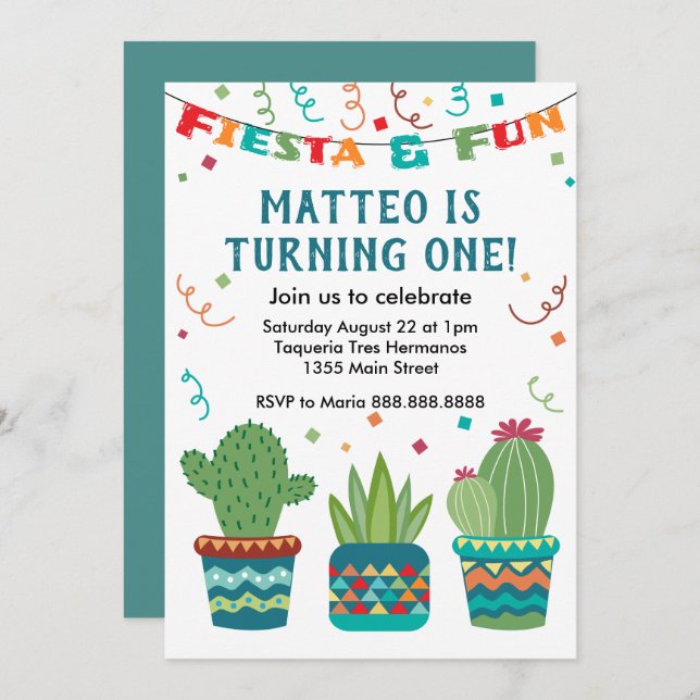Cactus Fiesta Birthday Party First Year One Year Invitation (Front/Back)