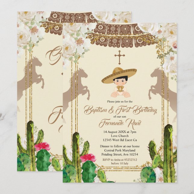 Cactus Fiesta Boy Baptism and Birthday Invitation (Front/Back)