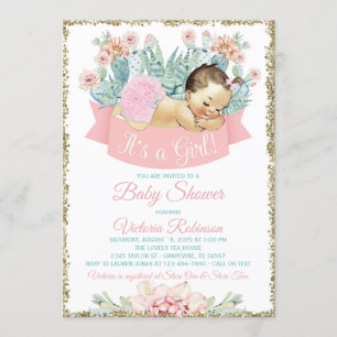 Cactus Fiesta Brunette Girl Baby Shower Invitation