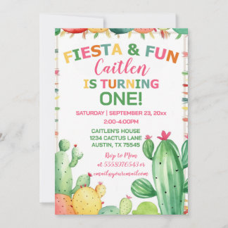 Cactus Fiesta First Birthday Girl Colourful Invitation
