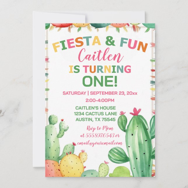 Cactus Fiesta First Birthday Girl Colourful Invitation (Front)