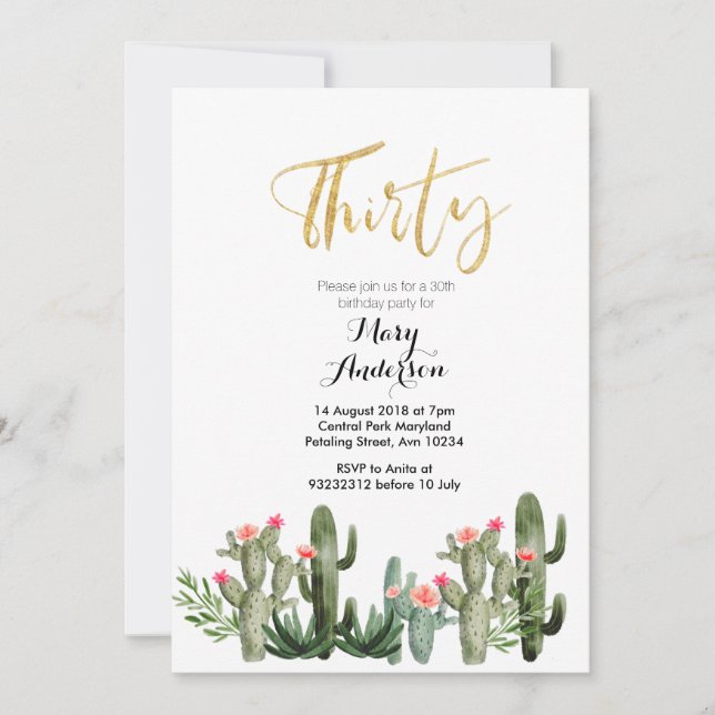 Cactus Fiesta Floral Thirty 30th Birthday  Invitation (Front)