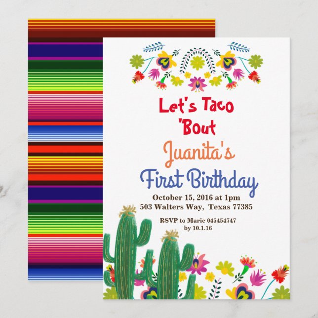 Cactus Fiesta Mexican 1st Birthday Party Invitation (Front/Back)