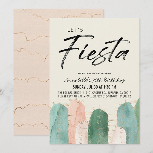Cactus Fiesta Pink Adult Birthday Invitation (Front/Back)