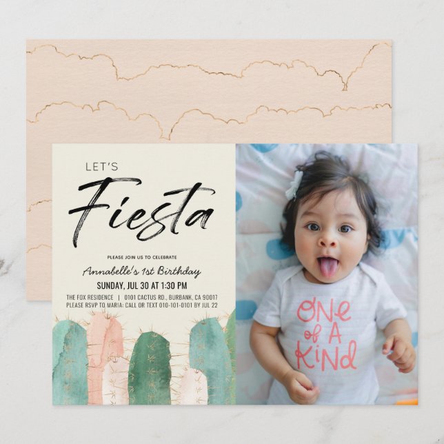 Cactus Fiesta Pink Photo 1st Birthday Invitation (Front/Back)