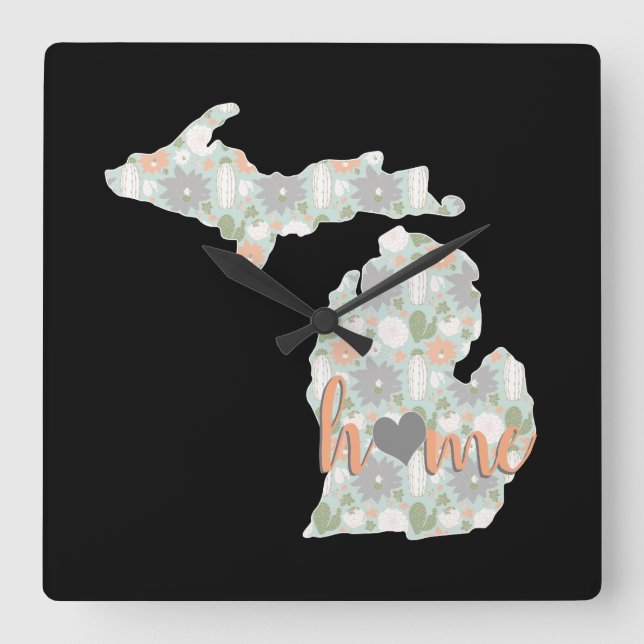 Cactus Filled Michigan Silhouette With Home Square Wall Clock (Front)