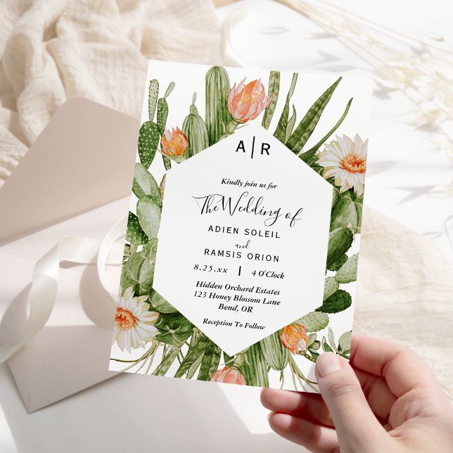 Cactus Floral Desert Monogram Wedding Invitation (Creator Uploaded)