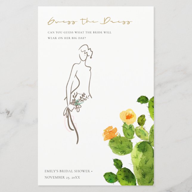 Cactus Floral Guess The Dress Bridal Shower Game (Front)