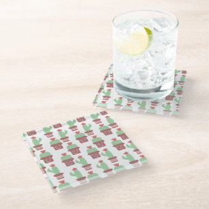 Cactus Floral Pot Pattern Pink Green Glass Coaster