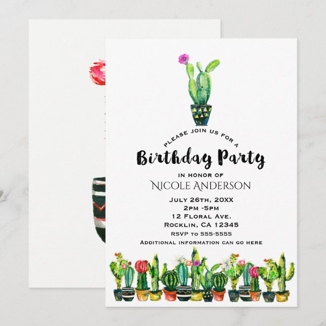 Cactus Floral Rustic Southwestern Birthday Party Invitation (Front/Back)