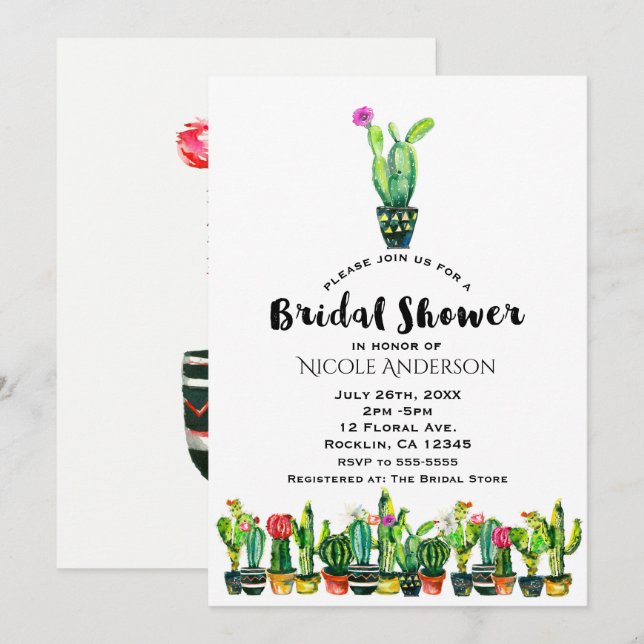Cactus Floral Rustic Southwestern Bridal Shower Invitation (Front/Back)