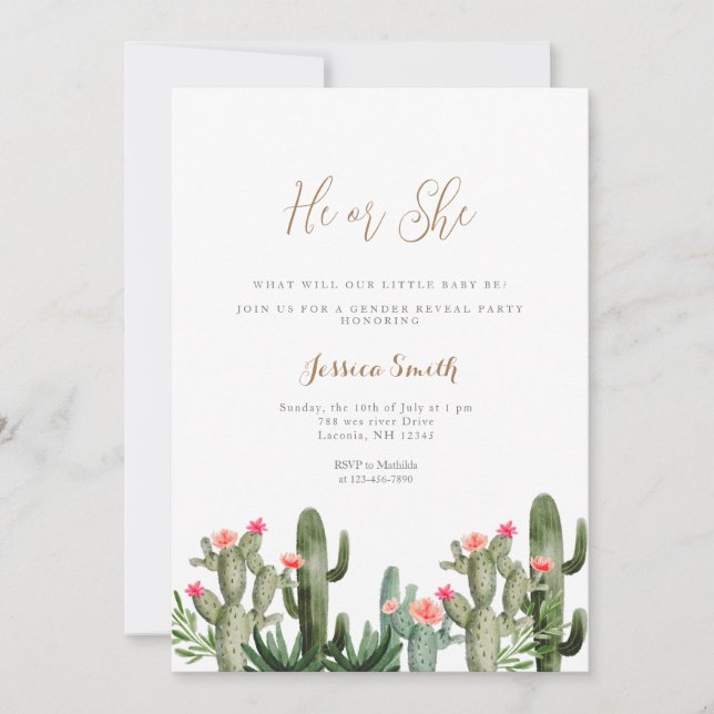 Cactus Floral Succulent He or She Gender Reveal  Invitation (Front)