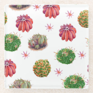 Cactus Floral: Watercolor Background Glass Coaster