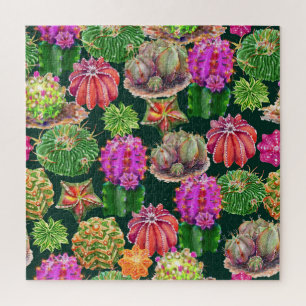 Cactus Floral Watercolor Seamless Pattern Jigsaw Puzzle