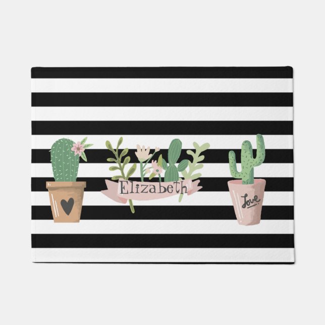 Cactus Flower Black White Stripes  Doormat (Front)