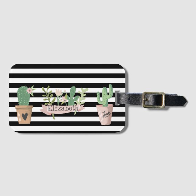 Cactus Flower Black White Stripes  Luggage Tag (Front Horizontal)