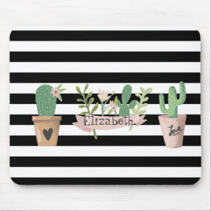 Cactus Flower Black White Stripes Mouse Mat