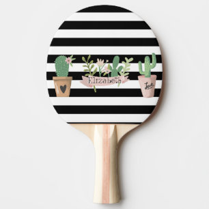 Cactus Flower Black White Stripes   Ping Pong Paddle