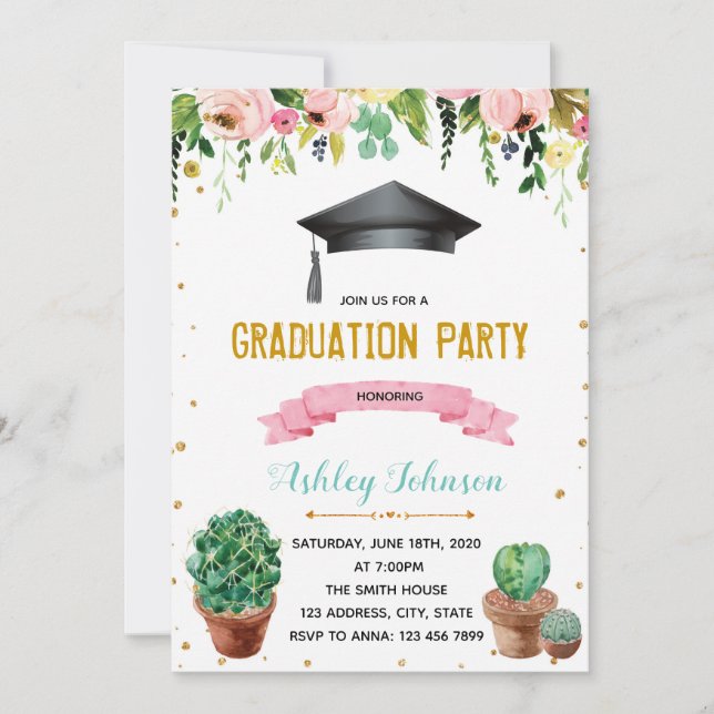 Cactus flower graduation invitation (Front)
