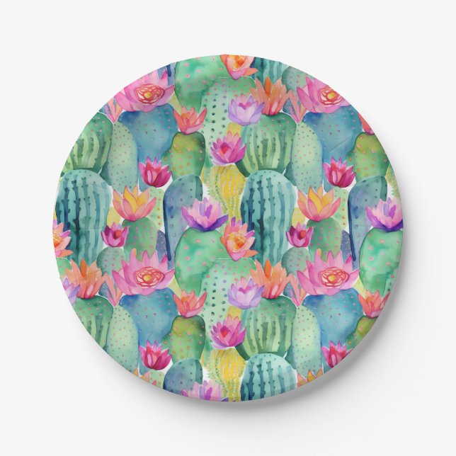 Cactus Flower Watercolor Art Desert Colourful Fun Paper Plate (Front)