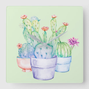 Cactus Flowers Coral Mint Green Watercolor Pink Square Wall Clock