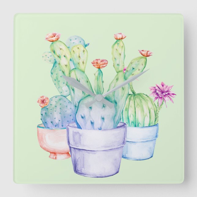 Cactus Flowers Coral Mint Green Watercolor Pink Square Wall Clock (Front)