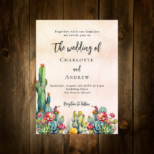 Cactus flowers rustic rose gold luxury wedding  invitation